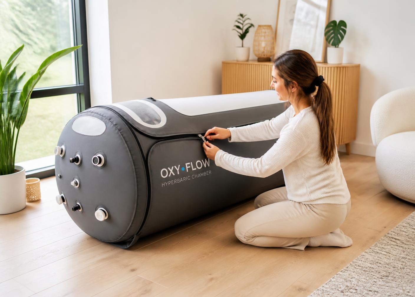 Woman kneeling beside a portable hyperbaric chamber and closing the zipper in a bright minimal living room