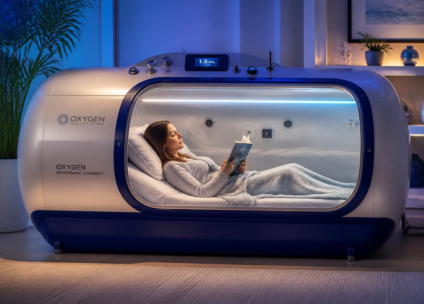 Person relaxing and reading inside a spacious portable hyperbaric chamber with soft interior lighting