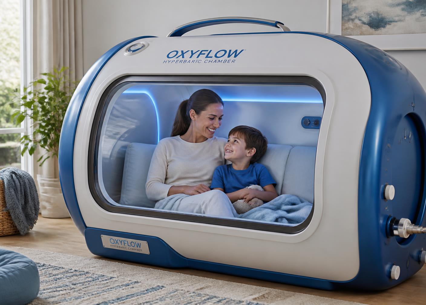 Parent and child sitting together inside a spacious portable hyperbaric chamber at home